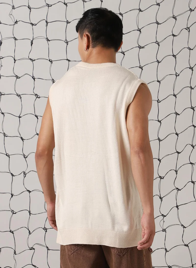 Hubberholme Men's Off White 100% Acrylic Solid Oversized Sweater