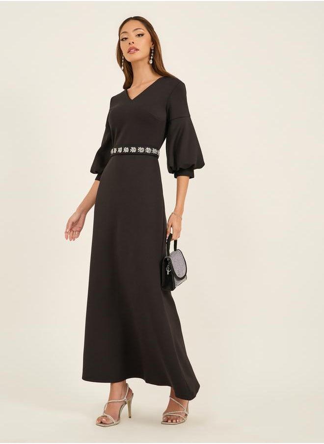 Styli Embellished Waistband 3/4th Sleeves Maxi Dress  - Image 1