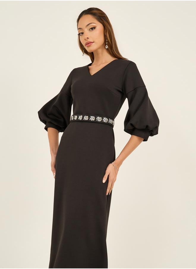 Styli Embellished Waistband 3/4th Sleeves Maxi Dress  - Image 3