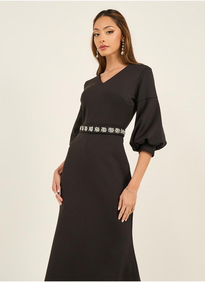 Styli Embellished Waistband 3/4th Sleeves Maxi Dress  - Image 4