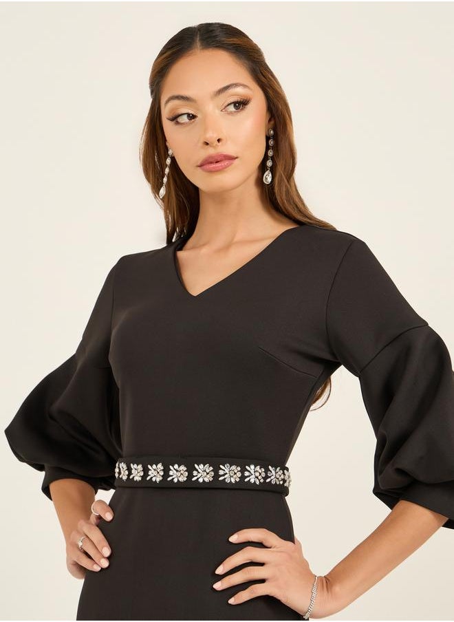 Styli Embellished Waistband 3/4th Sleeves Maxi Dress  - Image 5