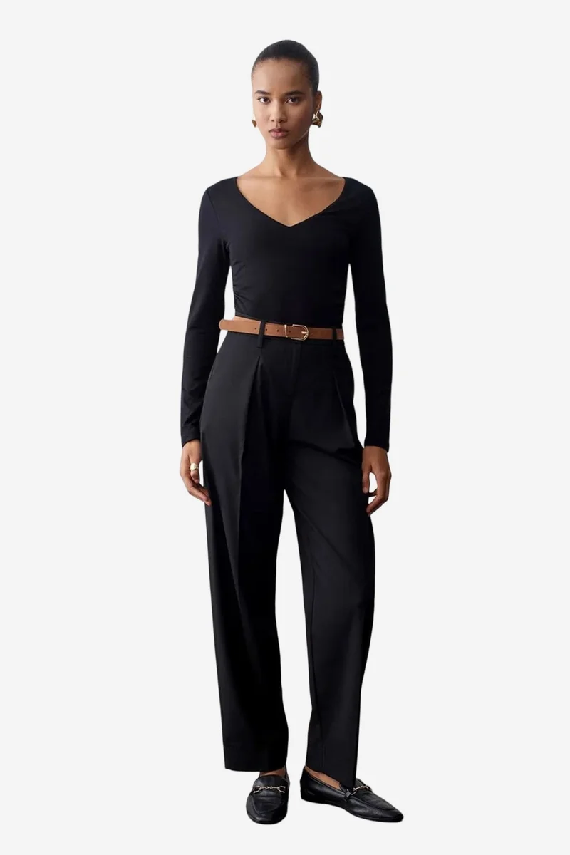 Dilvin Black DILVIN Belted Straight-Leg Crepe Trousers for Women | Best Price UAE