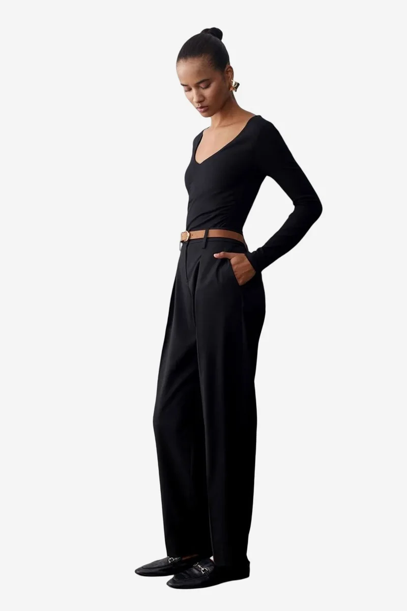 Dilvin Black DILVIN Belted Straight-Leg Crepe Trousers for Women | Best Price UAE