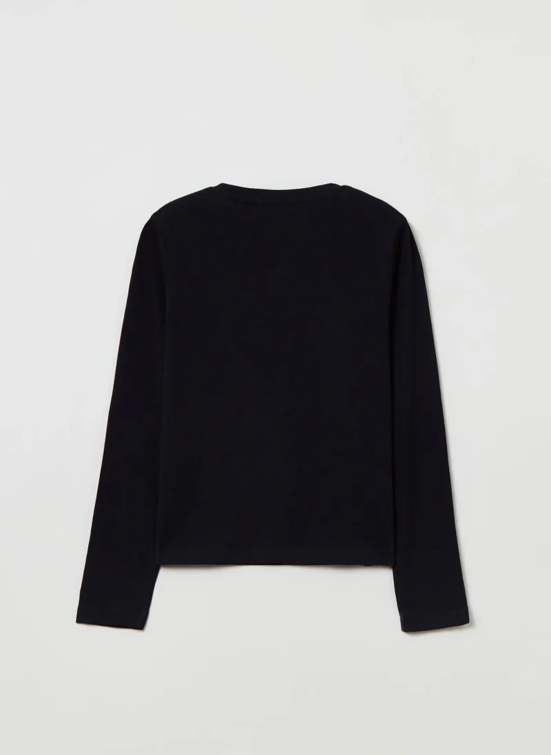 او في اس Cotton T-Shirt With Long Sleeves