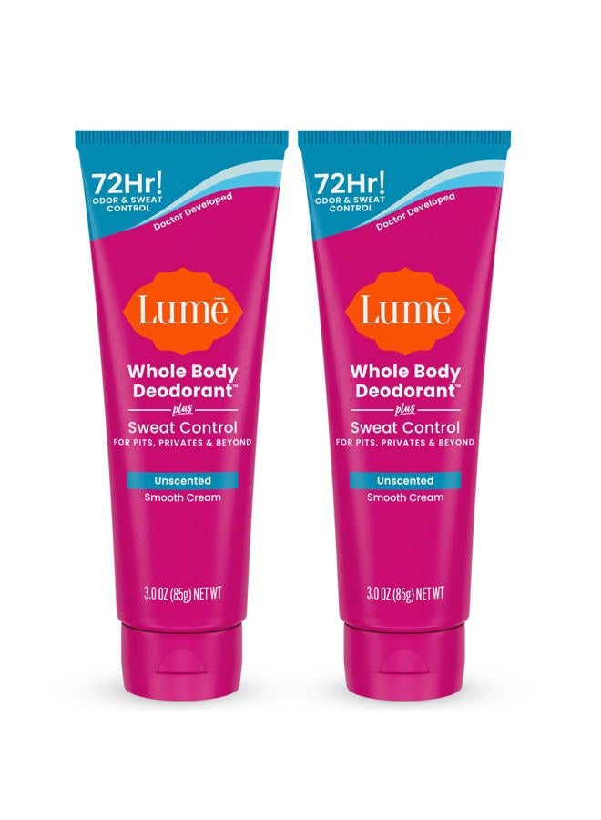 Lume لومي مزيل عرق للجسم بالكامل مع تحكم في العرق - أنبوب كريم ناعم - تحكم في الرائحة والعرق لمدة 72 ساعة - خالي من بيكربونات الصوديوم، محب للبشرة - 3.0 أونصة (عبوة من 2) (بدون رائحة) - Image 1