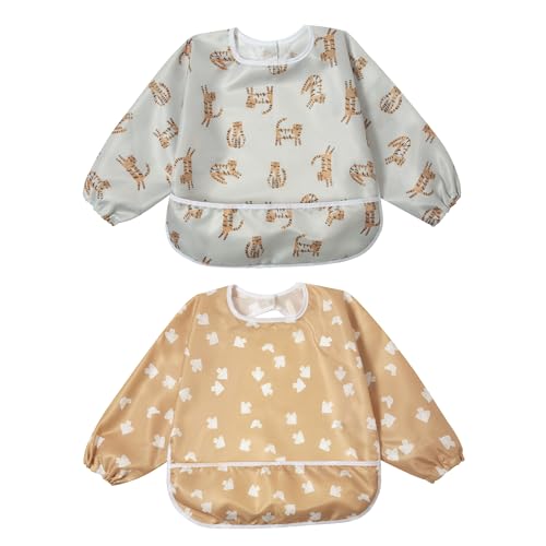 Little Dimsum Mess-Proof Baby Bibs|Infant Toddler Long Sleeve Waterproof Feeding Art Smock|Catching Food & Wipe Clean| Pack of 2 Colors - Image 1