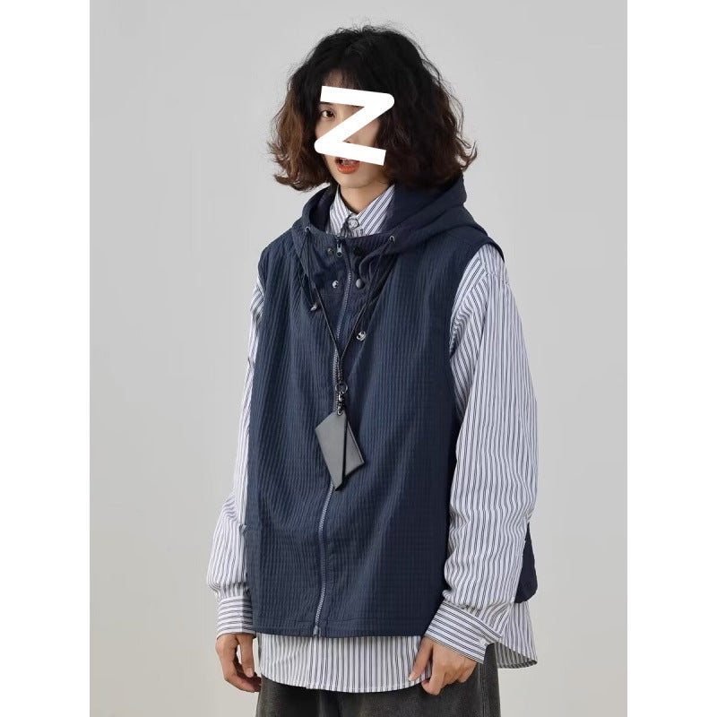 Japanese Style Loose Hooded Vest Vest Mens Summer cityboy Casual Workwear Sleeveless Jacket Thin All-match Trendy U34 [navy blue] 