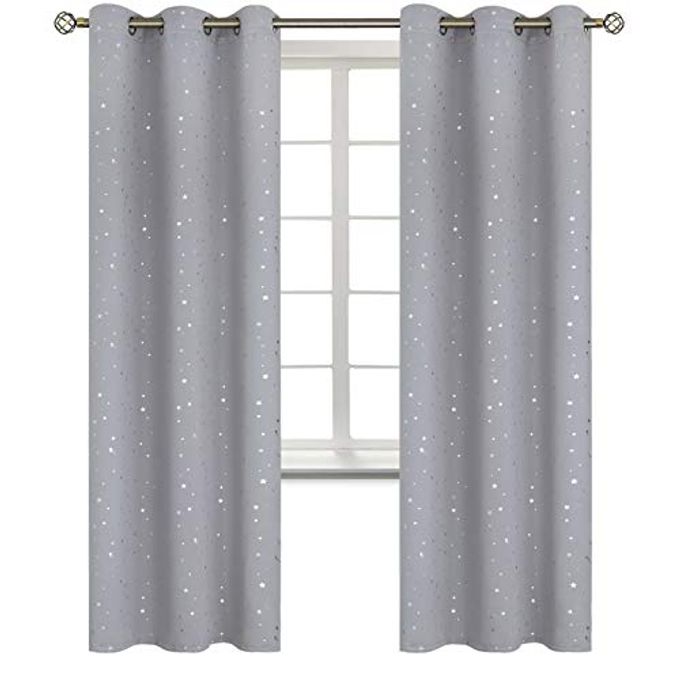 LIGHT GREY STAR BLACKOUT CURTAINS FOR KIDS BEDROOM GROMMET THERMAL INSULATED ROOM DARKENING PRINTED CURTAINS FOR LIVING ROOM SET OF 2 PANELS 42 X 84 INCH LIGHT GREY