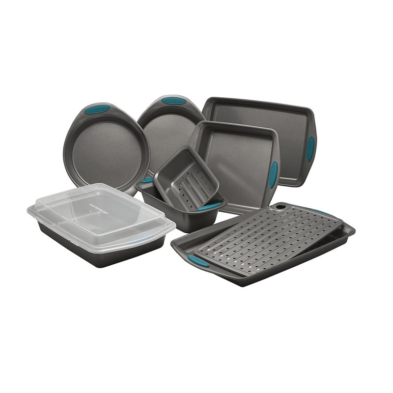 Rachael Ray Nonstick Bakeware Set with Grips includes Nonstick Bread / Baking Pans, Cookie / Baking Sheet and Cake Pans - 10 Piece, Gray with marine blue grips - Image 1
