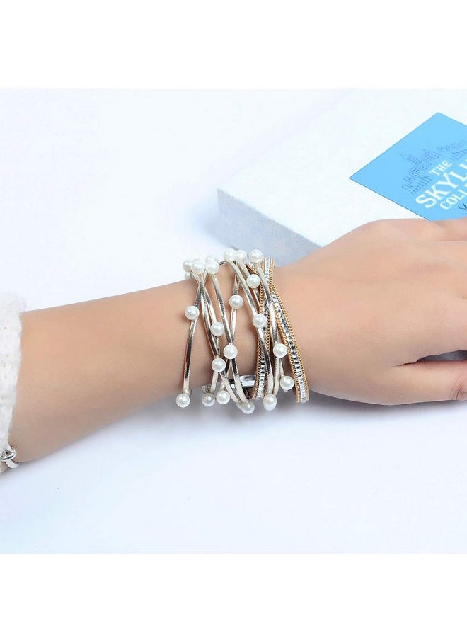 Artilady - Leather Wrap Bracelet For Women - Handmade Clasp Bangle Bracelet With Pearl Beads Crystal Wristbands Christmas Jewelry Gift For Ladies And Mother - Image 1