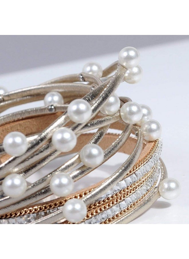 Artilady - Leather Wrap Bracelet For Women - Handmade Clasp Bangle Bracelet With Pearl Beads Crystal Wristbands Christmas Jewelry Gift For Ladies And Mother - Image 1