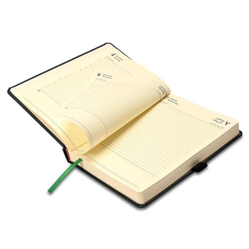 FIS مفكرة FIS 2026 A5، 148x210 مم، غلاف PU إيطالي مبطن من جانب واحد، زوايا مدورة، شريط مرن مع علامة منزلقة، جيوب داخلية، عربي/إنجليزي، ورق إيطالي عاجي 70 جرام، غلاف أخضر - FSDI84AE26GR - Image 4