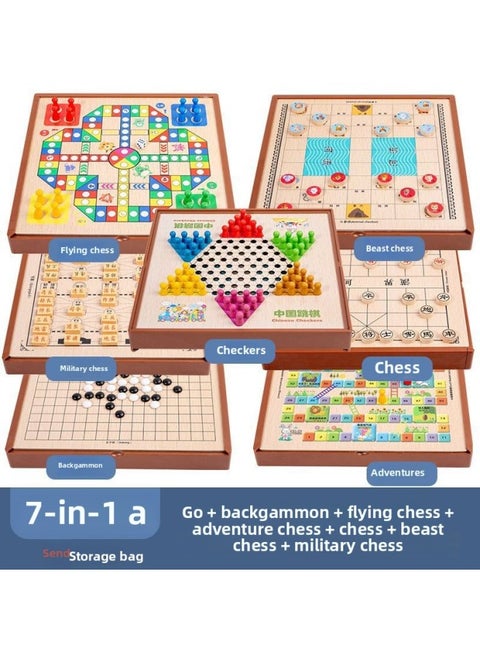 Multi-functional One Chessboard Flying Chess Checkers Backgammon Go Card Beasts Chess Children's Toys Foreign Trade-Color:Seven-in-one [large A] Jumping Five Flying Dou Calendar Elephant Chess