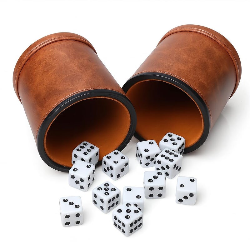 RERIVER Brown PU Leather Dice Cup Set Felt Lined Dice Shaker with 6 Dice for Liars Farkle Yahtzee Game 2 Pack - Image 3