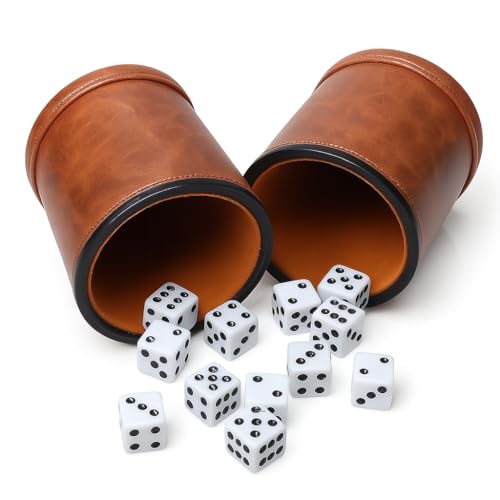 RERIVER Brown PU Leather Dice Cup Set Felt Lined Dice Shaker with 6 Dice for Liars Farkle Yahtzee Game 2 Pack - Image 1