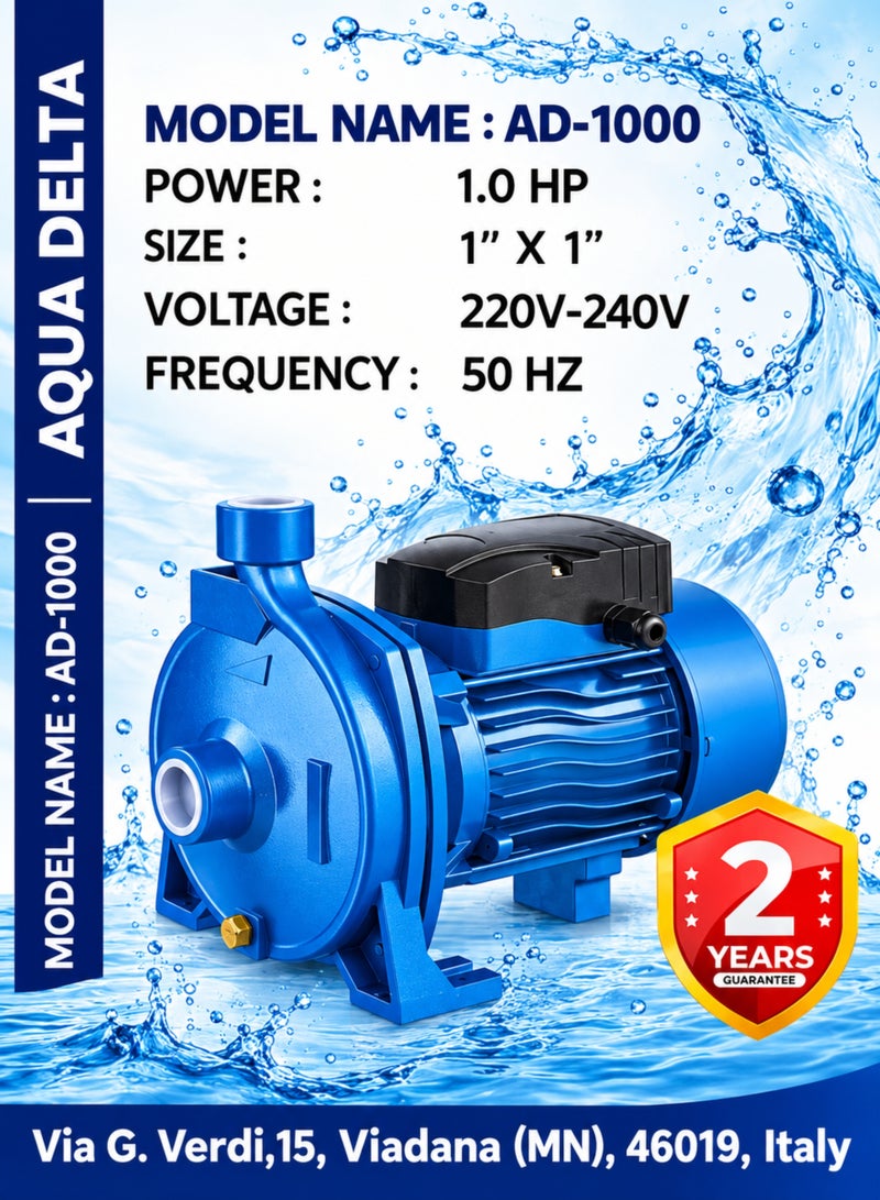 Aqua AD-1000 Water Pump 1 HP, 220–240V, 50Hz, 1-Inch Inlet and Outlet, Single-Phase Centrifugal Pump for Water Transfer and Domestic Water Supply - Image 5