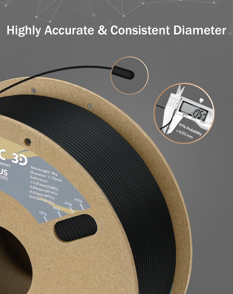 DURAMIC 3D PLA+ Filament 1.75mm 2Kg Black, PLA Plus Filament 2 Pack 1kg Spool(2.2lbs) Tougher and Stronger, Dimensional Accuracy Probability +/- 0.02mm - Image 3