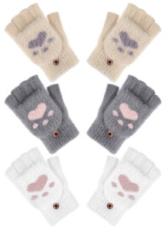 Winter Fingerless Gloves, 3 Pairs Cat Paws Cosplay Faux Fur Plush Gloves for Women, Warm Fleece Lined Knit Gloves with Elastic Cuff, Perfect for Cold Weather