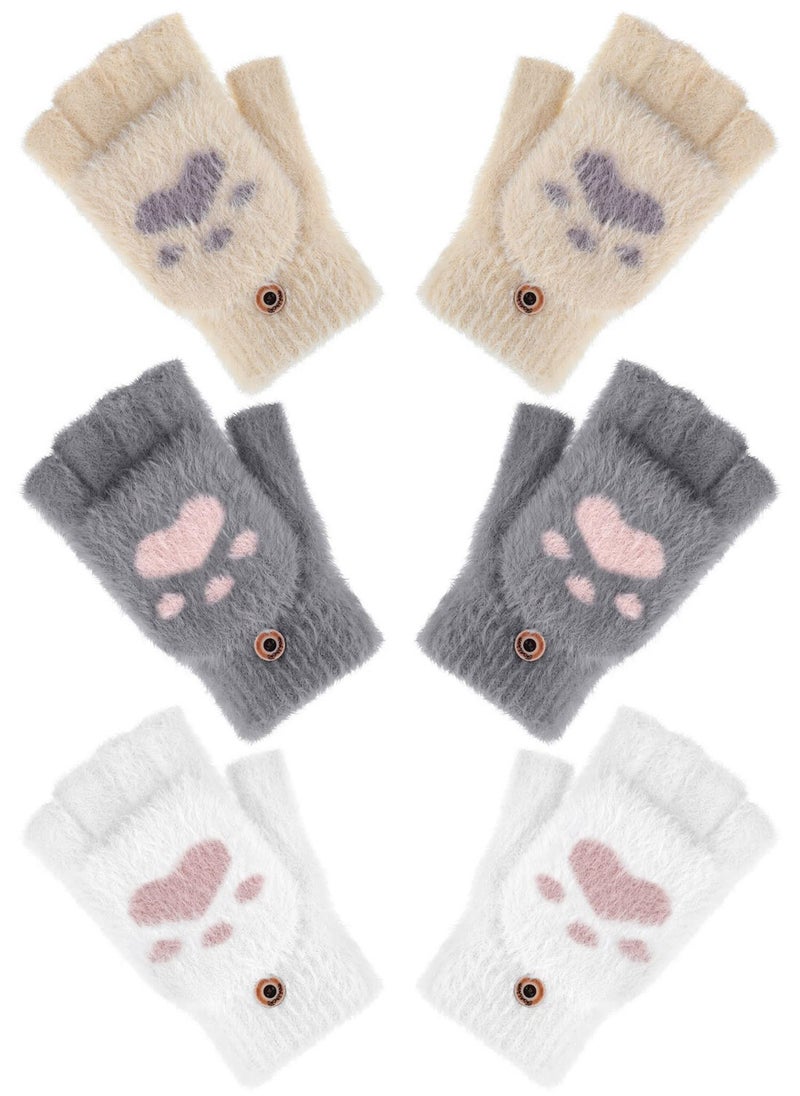 Generic - Winter Fingerless Gloves, 3 Pairs Cat Paws Cosplay Faux Fur Plush Gloves for Women, Warm Fleece Lined Knit Gloves with Elastic Cuff, Perfect for Cold Weather - Image 1