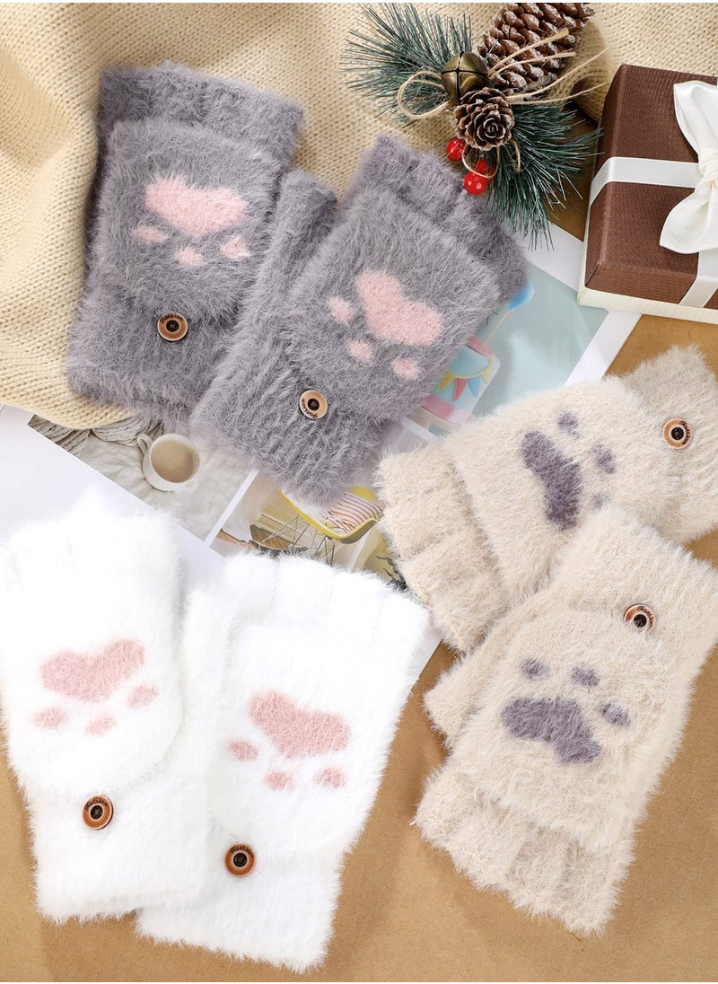 Generic - Winter Fingerless Gloves, 3 Pairs Cat Paws Cosplay Faux Fur Plush Gloves for Women, Warm Fleece Lined Knit Gloves with Elastic Cuff, Perfect for Cold Weather - Image 1
