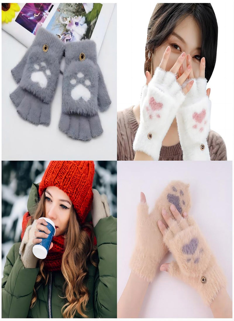 Generic - Winter Fingerless Gloves, 3 Pairs Cat Paws Cosplay Faux Fur Plush Gloves for Women, Warm Fleece Lined Knit Gloves with Elastic Cuff, Perfect for Cold Weather - Image 1