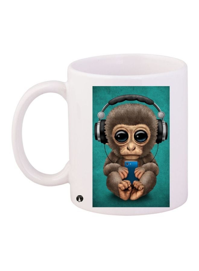 RYN Monkey Printed Coffee Mug White/Brown/Green 11ounce