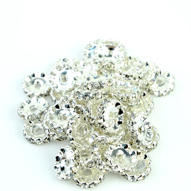 RUBYCA 100pcs 6mm Wavy Rondelle Spacer Beads Silver Tone White Clear Czech Crystal