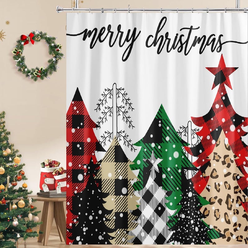 BIVINAR Christmas Tree Shower Curtain  Merry Christmas Buffalo Plaid Farmhouse Shower Curtain  Waterproof Fabric Winter Bathroom Shower Curtain  72 x 72 Inch - Image 1