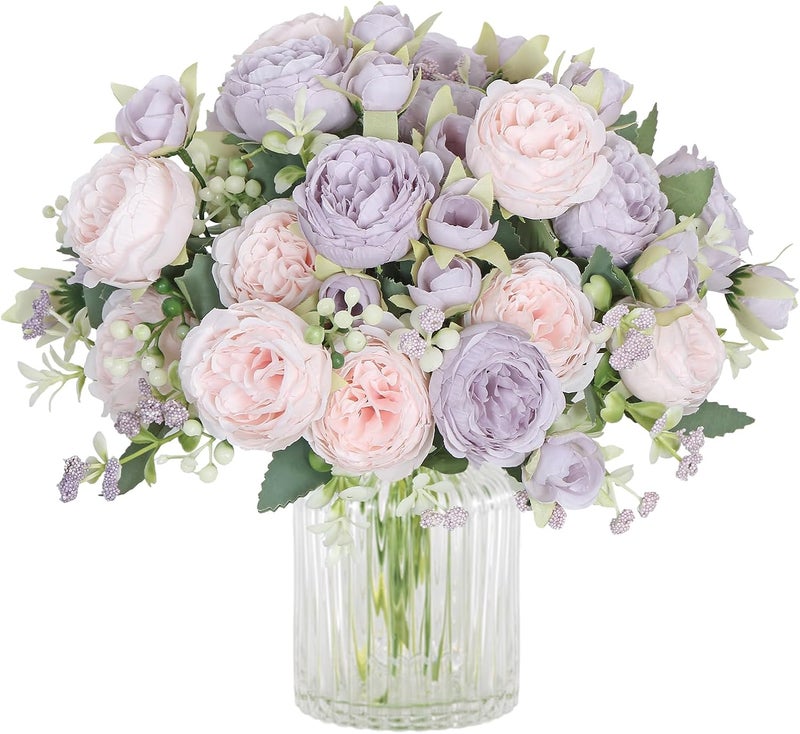 SOMYTING Peony Artificial Flowers, Faux Peony Bouquet 2 Bundles Silk Peonies Bouquets Fake Peonies Artificial Flowers Peonies Bouquet for Wedding Party Centerpiece Table Home Decor (Pink Purple) - Image 1