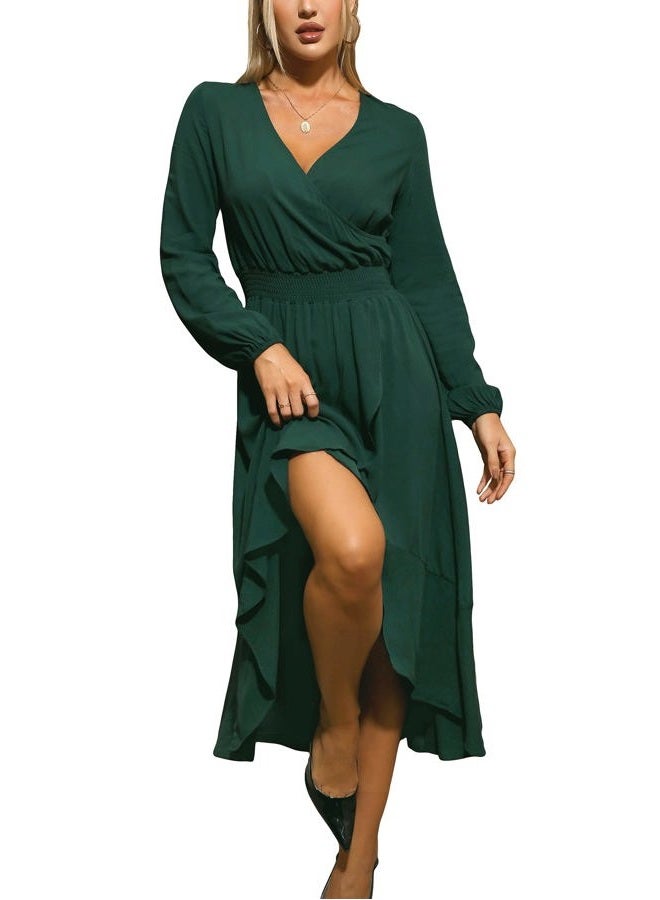 Kormei Womens Short Sleeve Floral High Low V-Neck Flowy Party Long Maxi Dress, D10-solid Green, S - Image 1
