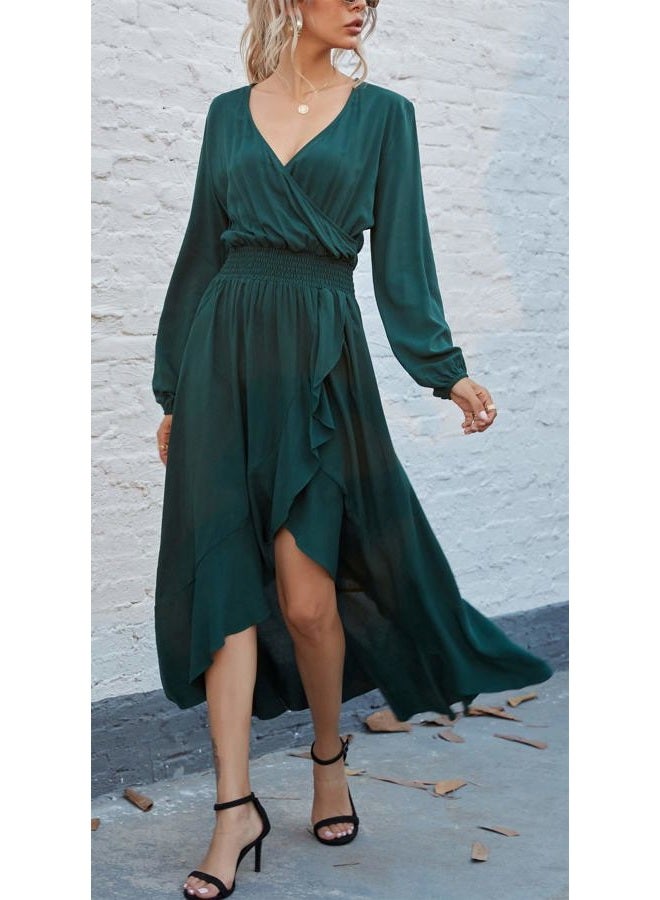 Kormei Womens Short Sleeve Floral High Low V-Neck Flowy Party Long Maxi Dress, D10-solid Green, S - Image 3
