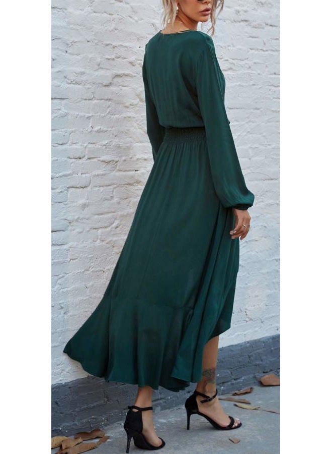 Kormei Womens Short Sleeve Floral High Low V-Neck Flowy Party Long Maxi Dress, D10-solid Green, S - Image 4