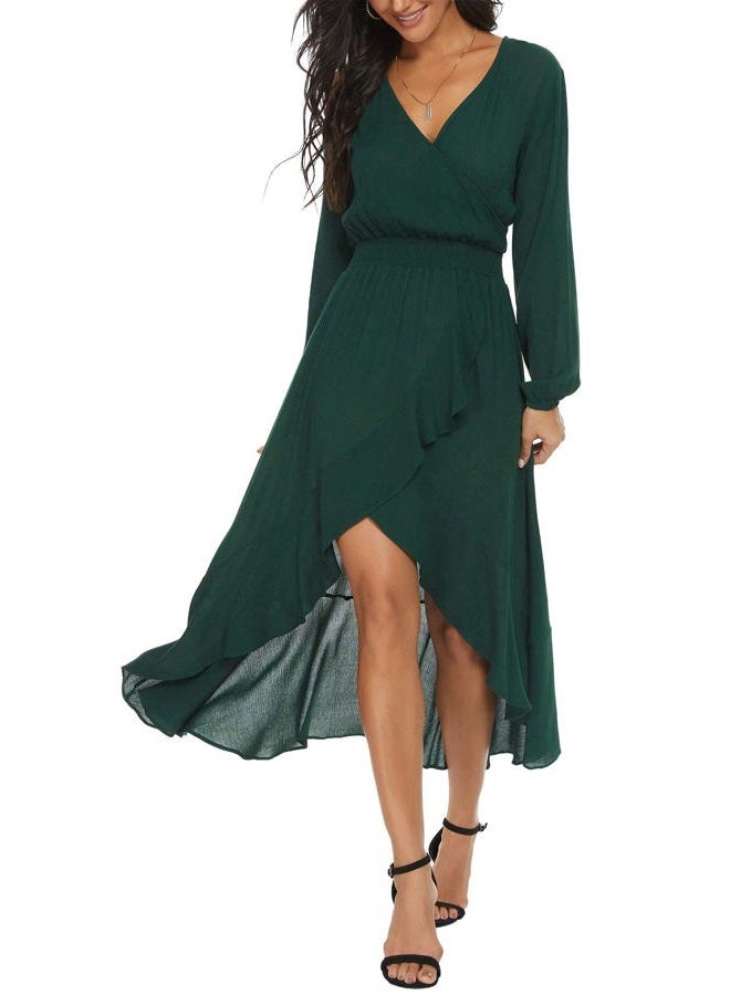 Kormei Womens Short Sleeve Floral High Low V-Neck Flowy Party Long Maxi Dress, D10-solid Green, S - Image 2
