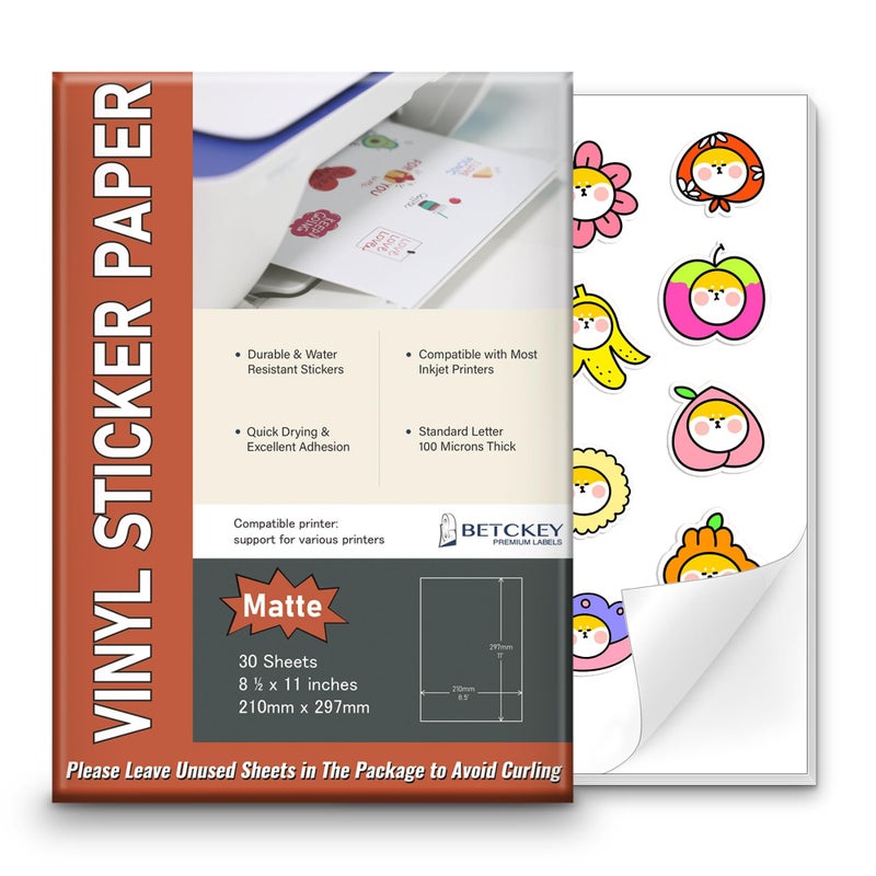 BETCKEY Matte Printable Vinyl Sticker Paper for Inkjet & Laser Printer - 30 Sheets - 8.5" x 11" - Waterproof, Dries Quickly Vivid Colors - Image 1