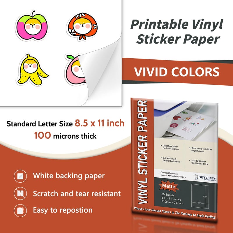 BETCKEY Matte Printable Vinyl Sticker Paper for Inkjet & Laser Printer - 30 Sheets - 8.5" x 11" - Waterproof, Dries Quickly Vivid Colors - Image 2