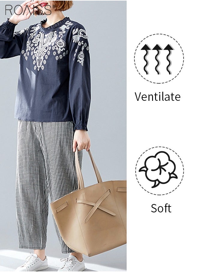 roaiss - Fashion Casual Loose Fit Pullover Women'S Cotton And Linen Ethnic Style Embroidered T-Shirt Daily Commuting Top - Image 1