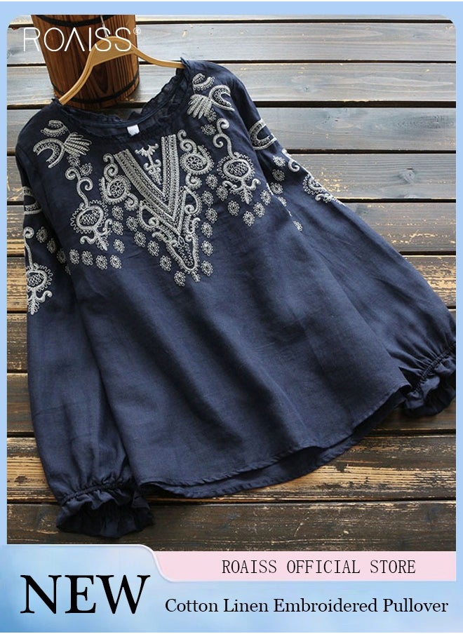 roaiss - Fashion Casual Loose Fit Pullover Women'S Cotton And Linen Ethnic Style Embroidered T-Shirt Daily Commuting Top - Image 1