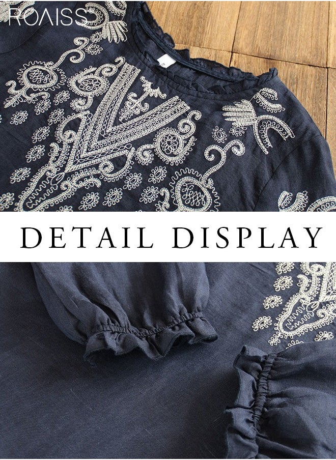 roaiss - Fashion Casual Loose Fit Pullover Women'S Cotton And Linen Ethnic Style Embroidered T-Shirt Daily Commuting Top - Image 1