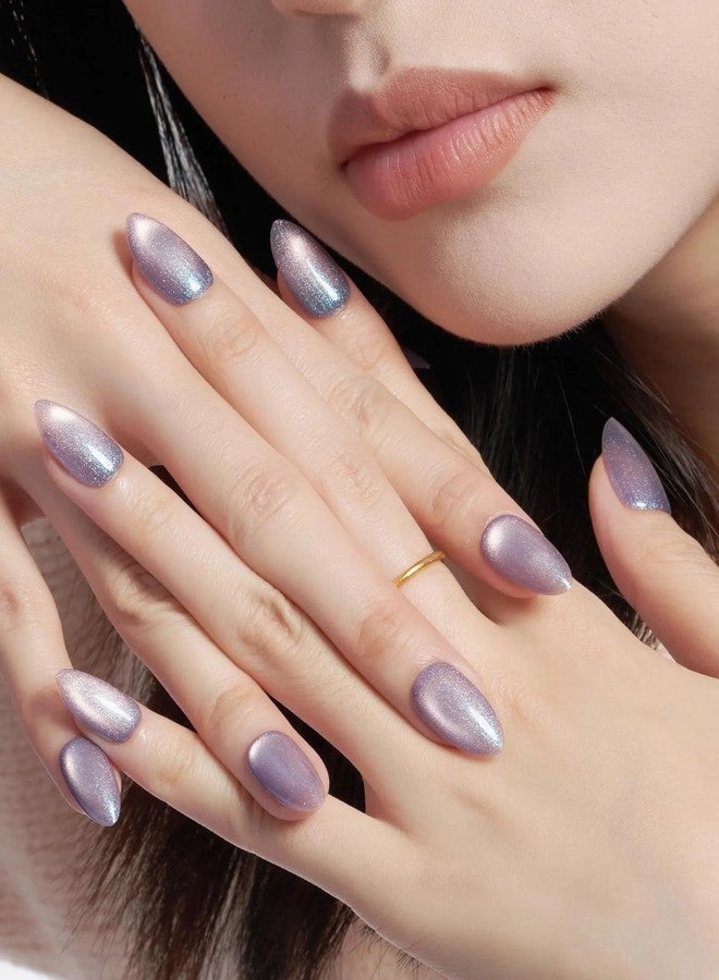 Sparkling Nailon Luxury Handmade Purple Cat Eye Stick On Nails Extensions for Women | Reusable Unbreakable Coffin Shape Artificial Fake Nails | Easy To Use Press On Nails Kit | Pack of 14 - Image 1