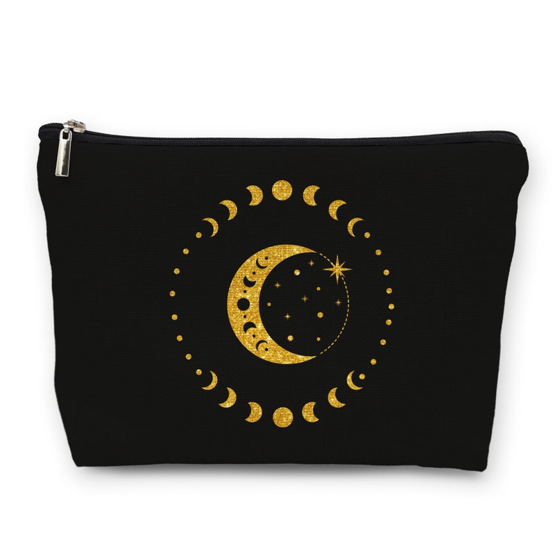huester Black Golden Boho Moon Phases Makeup Bag Moon Make Up Bag Moon Phase Tarot Cosmetics Bag Boho Cosmetic Bags Travel Makeup Pouch Moon Witchy Gifts for Purse Women Girls Sister Mom - Image 2