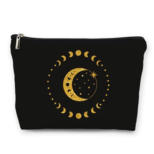 huester Black Golden Boho Moon Phases Makeup Bag Moon Make Up Bag Moon Phase Tarot Cosmetics Bag Boho Cosmetic Bags Travel Makeup Pouch Moon Witchy Gifts for Purse Women Girls Sister Mom - Image 1
