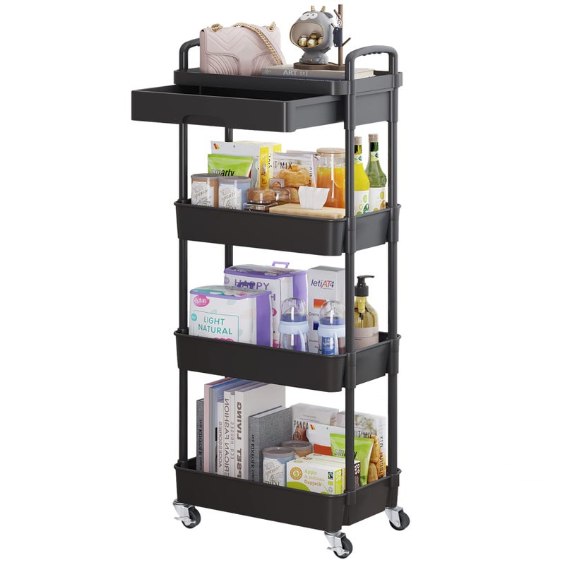Calmootey 4Tier Rolling Utility Cart with DrawerMultifunctional Storage Organizer with Plastic Shelf  Metal WheelStorage Cart for KitchenBathroomLiving RoomOfficeBlack
