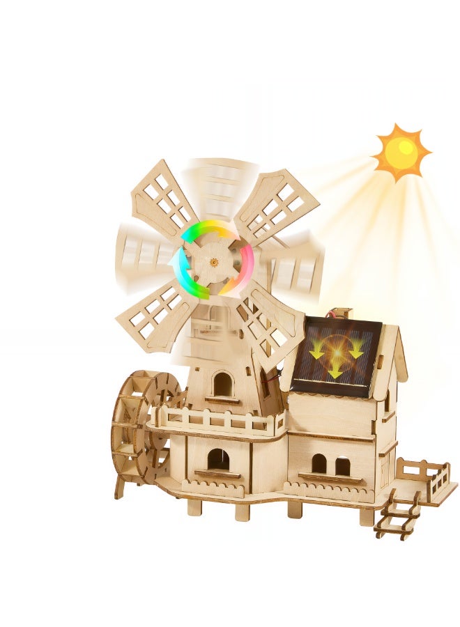 GeniusXLab Solar Windmill House STEM Kit for Kids Ages 5+, 80+ Piece Wooden 3D Puzzle DIY Solar Powered Building Toy with Spinning Windmill, Snap-Fit Science Experiment Project - Image 1