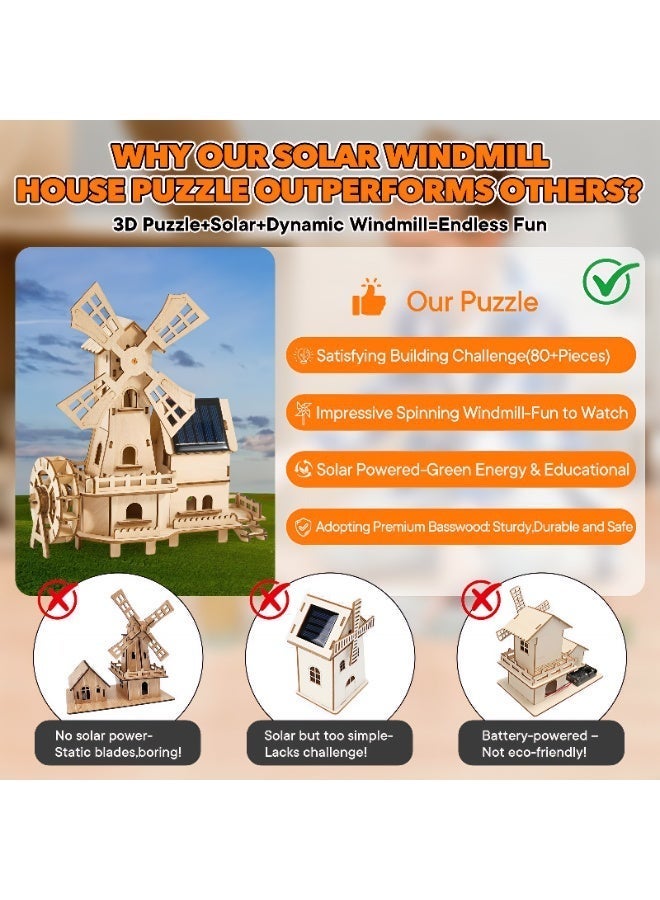 GeniusXLab Solar Windmill House STEM Kit for Kids Ages 5+, 80+ Piece Wooden 3D Puzzle DIY Solar Powered Building Toy with Spinning Windmill, Snap-Fit Science Experiment Project - Image 2