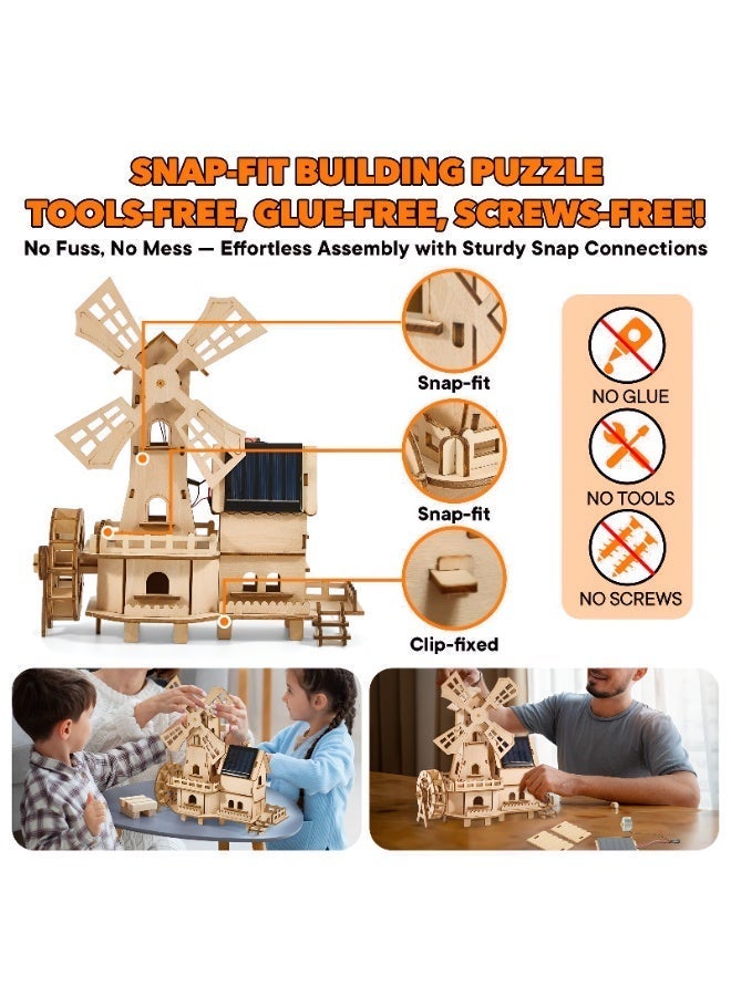 GeniusXLab Solar Windmill House STEM Kit for Kids Ages 5+, 80+ Piece Wooden 3D Puzzle DIY Solar Powered Building Toy with Spinning Windmill, Snap-Fit Science Experiment Project - Image 4