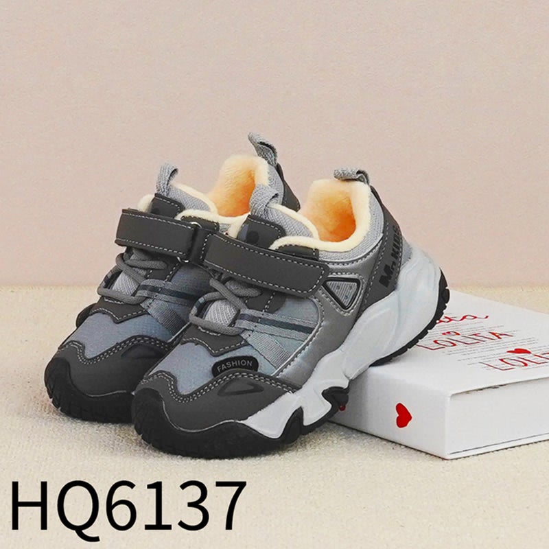 Kids Warm Cotton Shoes 2024 Winter New Plush Girls Boys Sneakers Dark gray