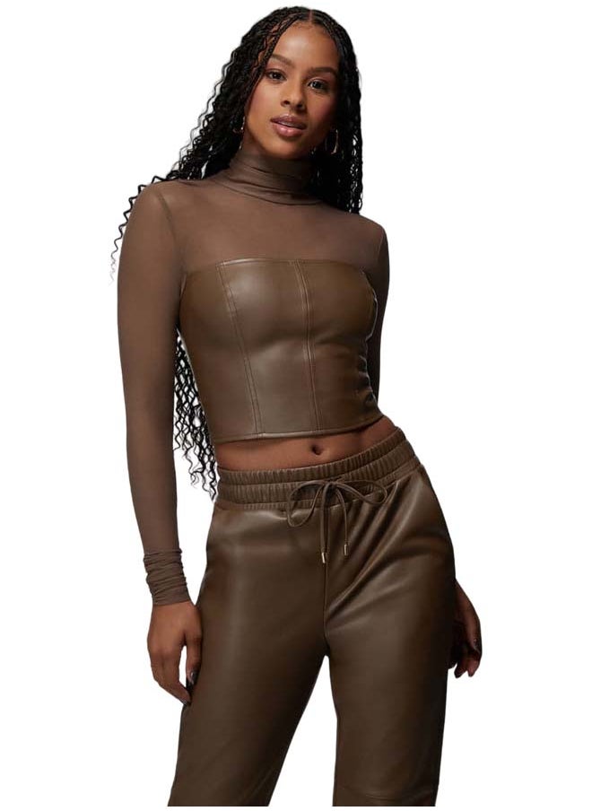 bebe Mock Neck Mesh Combo Vegan Leather Top  - Image 1