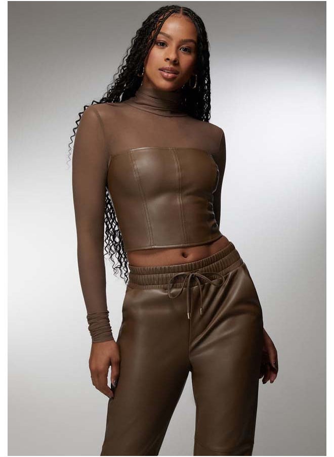 bebe Mock Neck Mesh Combo Vegan Leather Top  - Image 2