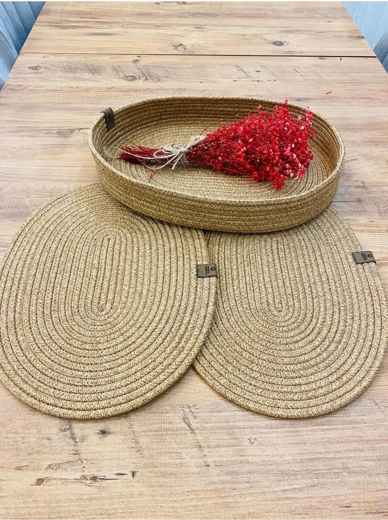 BDZ Deri BDZ Leather Jute Wicker American Service Oval Mat and Basket 3 Pieces