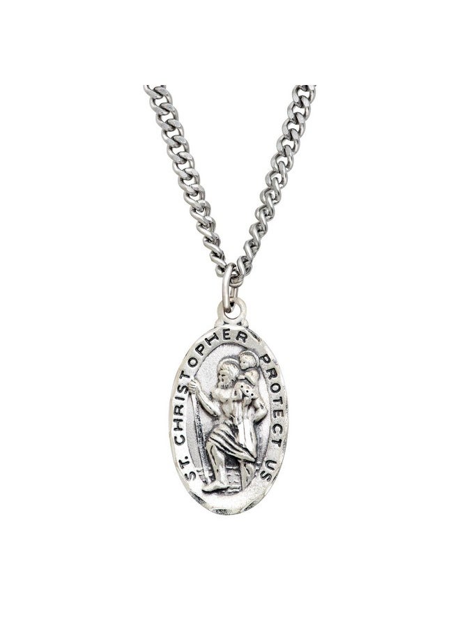 Finecraft St. Christopher Medallion Necklace In Sterling Silver & Stainless Steel, 24"  - Image 1